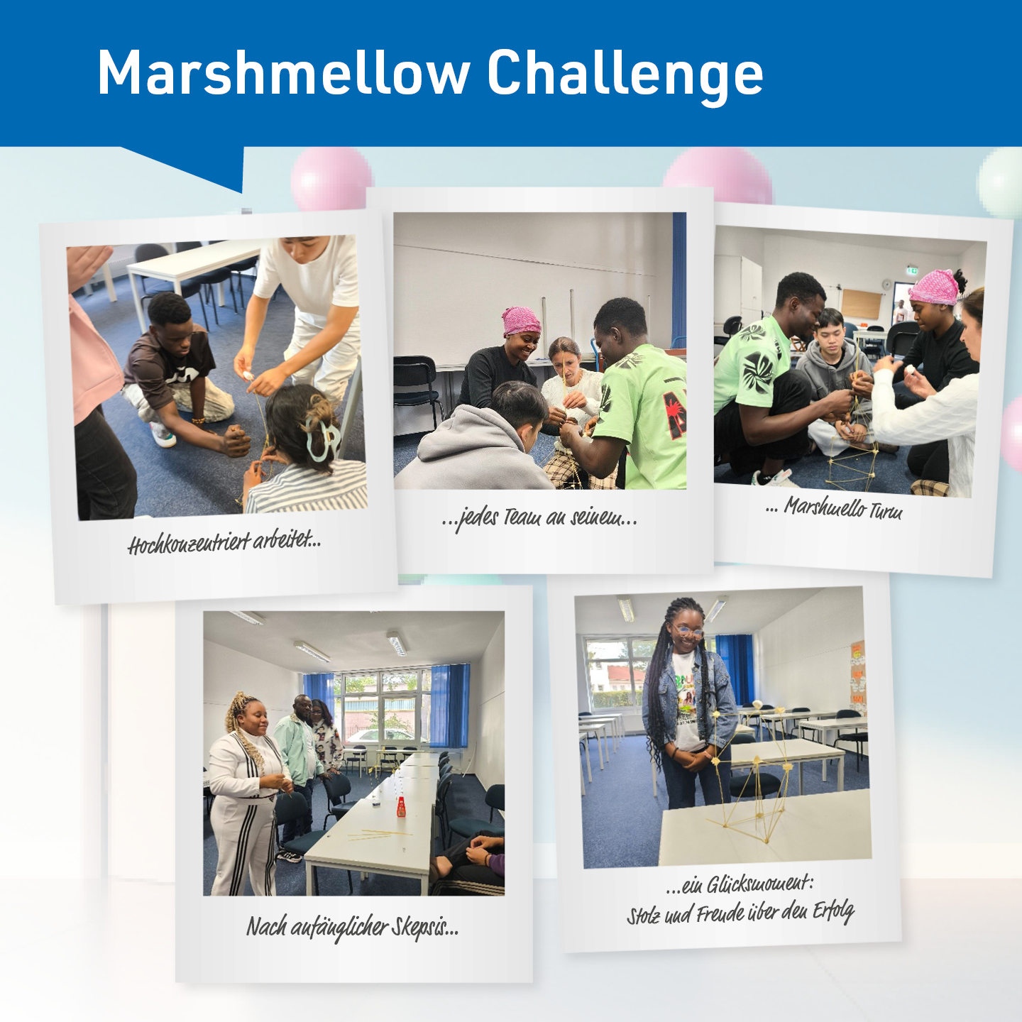 Bilder der Teambuildingmaßnahme Marshmellow Challenge