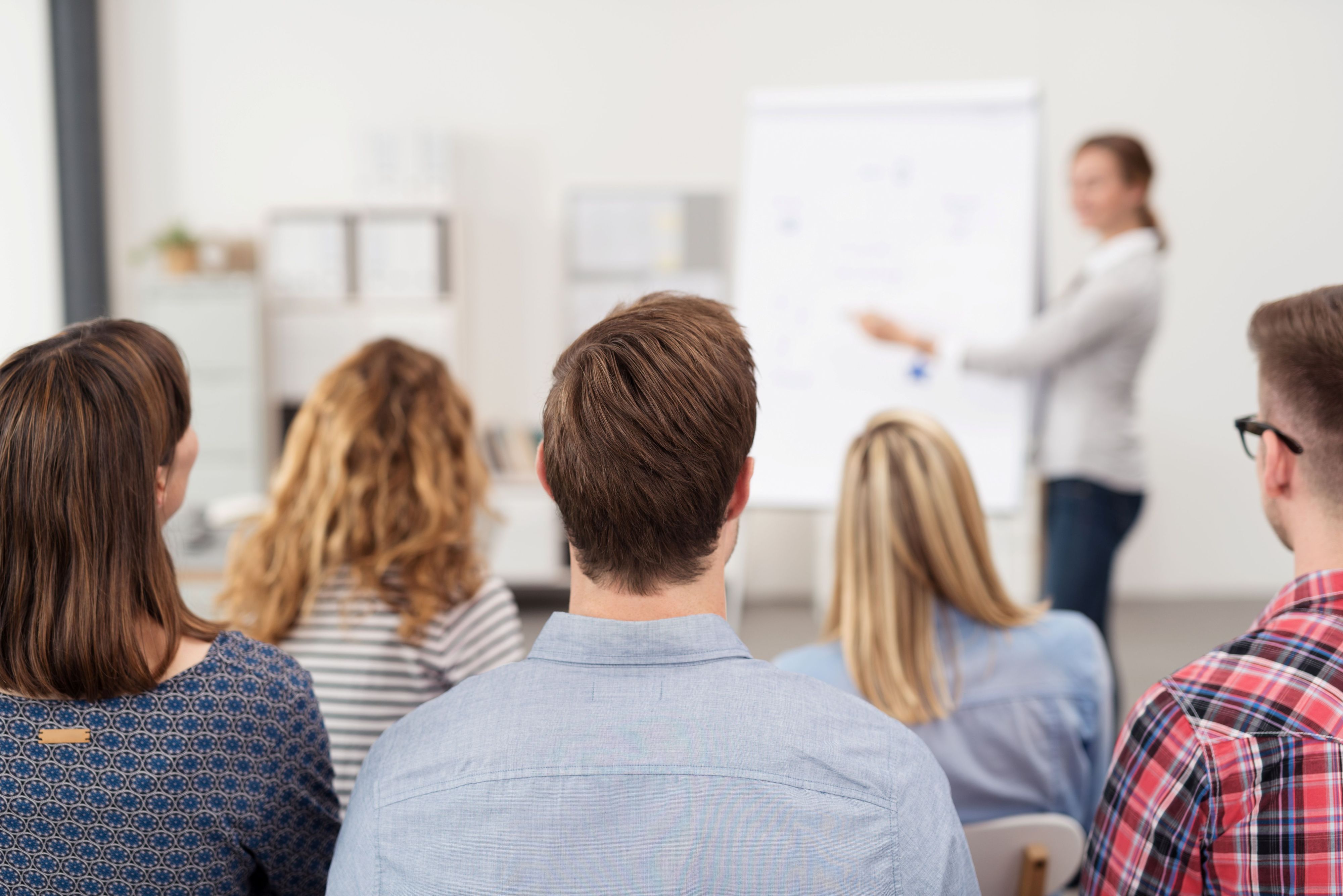 Teilnehmende einer Fortbildung blicken auf eine Referentin, die an einem Flipchart präsentiert.